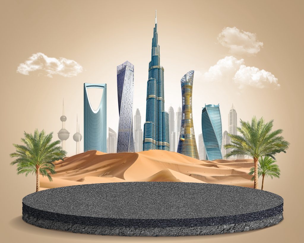 Middle east skyline with nature. abstract design template. skyscraper and dune sand, 3d illustration. isolated background. asphalt plot.